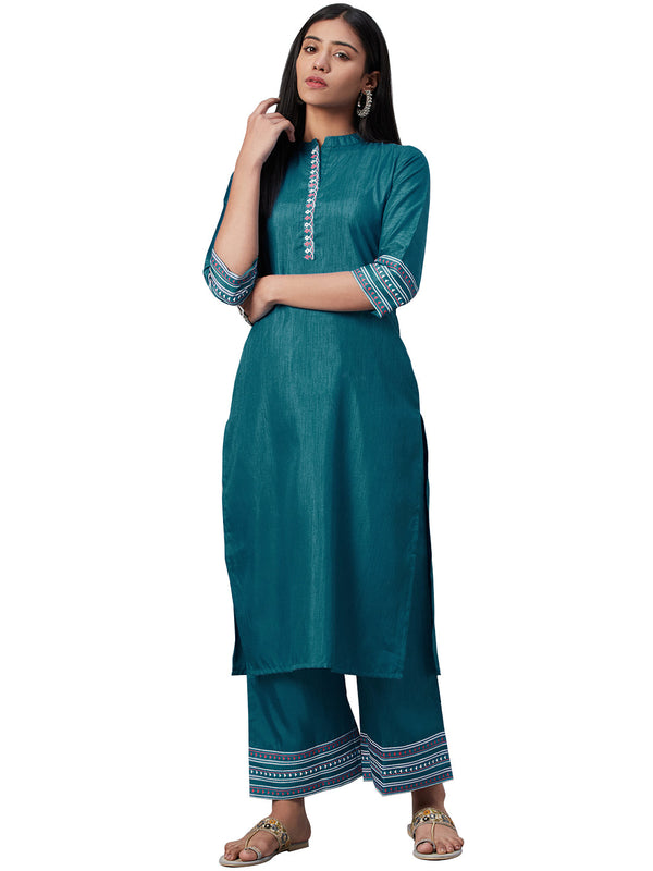 Women's Teal Poly Silk Kurta - Ziyaa