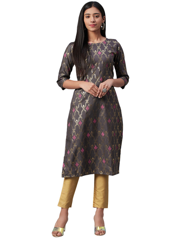 Women's Grey Poly Silk Kurta - Ziyaa