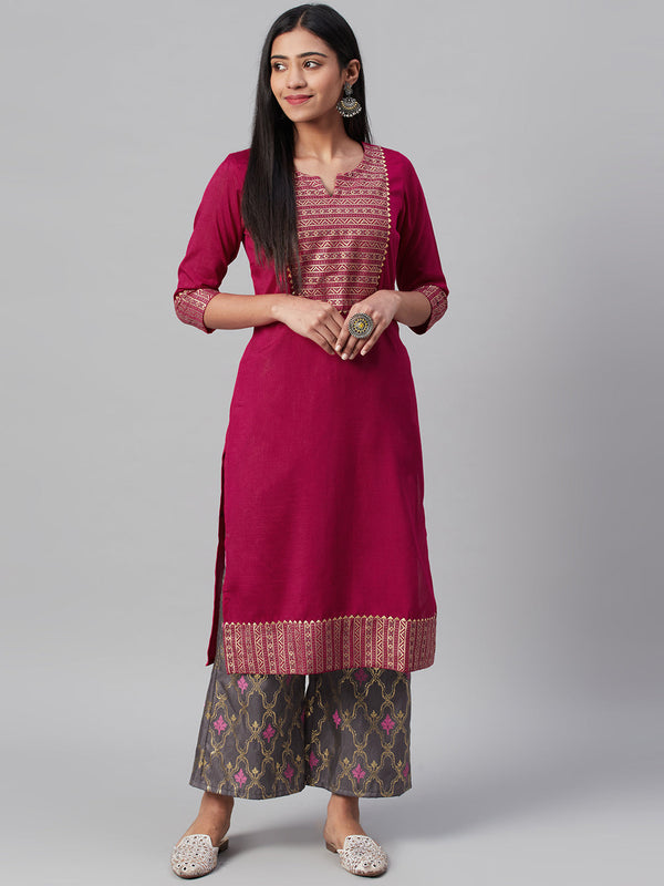 Women Pink Silk Kurta and Palazzo Set by Ziyaa (2 Pc Set)