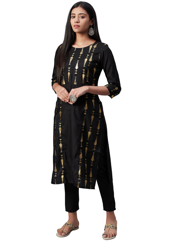 Women's Black Poly Silk Kurta - Ziyaa