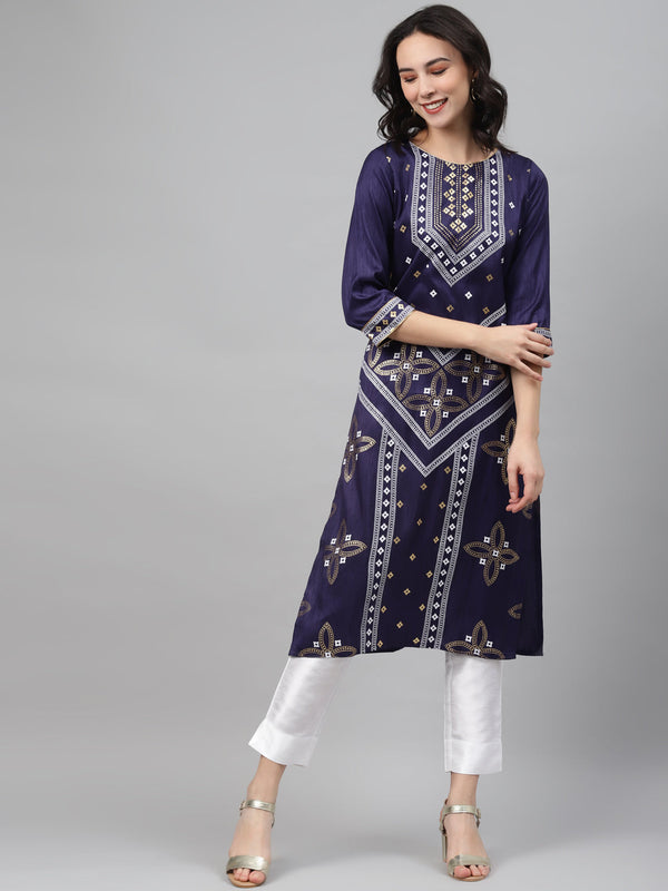 Women's Blue Color Foil Print Straight Kurta And Pant Set - Ziyaa