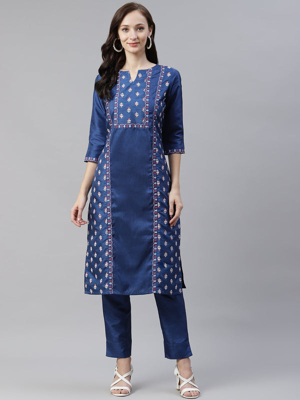 Women's Blue Poly Silk Kurta - Ziyaa