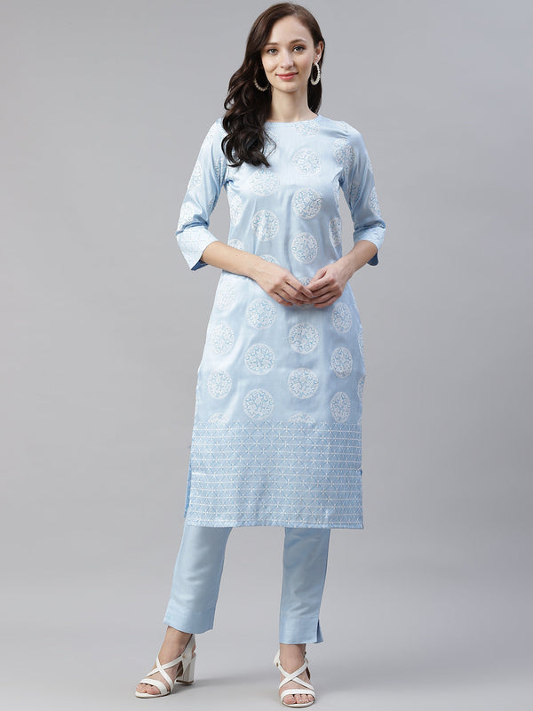 Women Sky Blue Silk Kurta by Ziyaa (1 Pc Set)