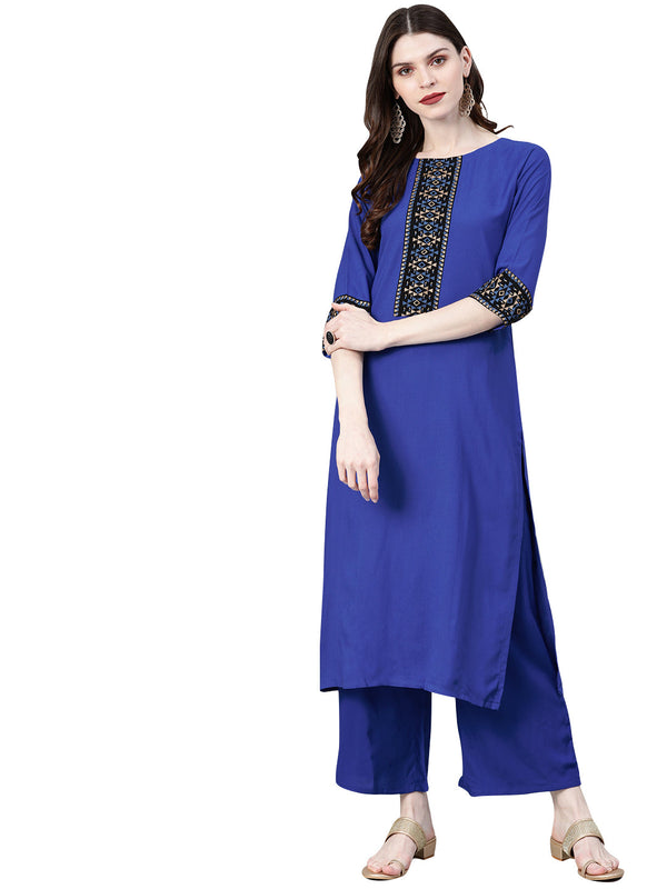 Women's Royal Blue Rayon Kurta And Palazzo Set - Ziyaa