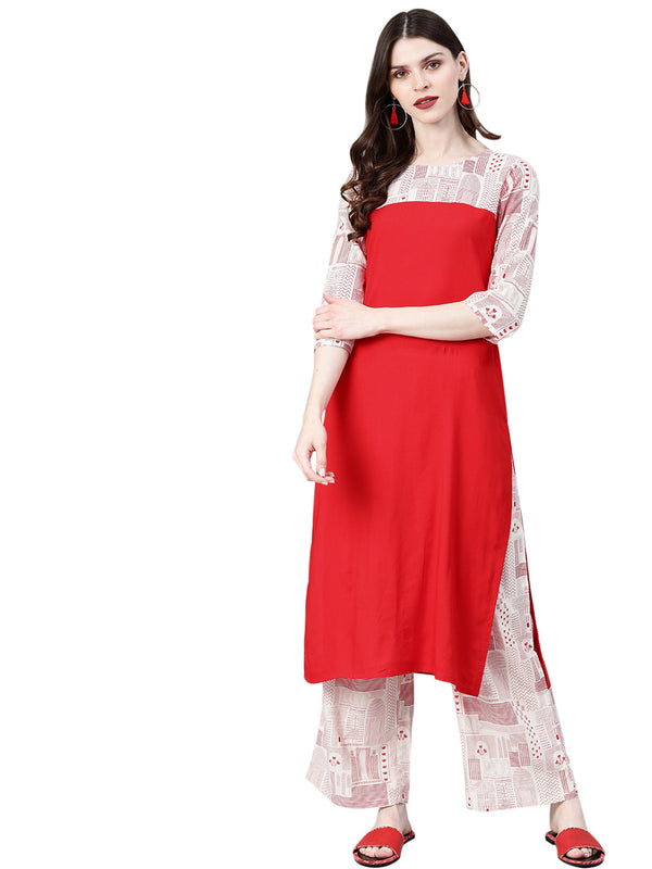 Women's Red Rayon Kurta And Palazzo Set - Ziyaa