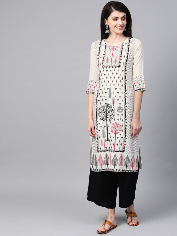 Women's Cream Rayon Kurta - Ziyaa