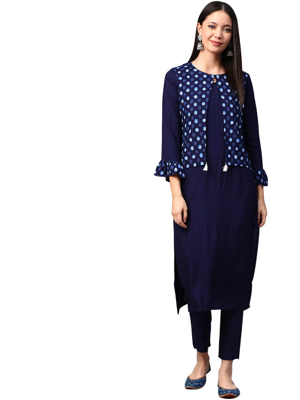 Women's Navy Blue Rayon Kurta - Ziyaa