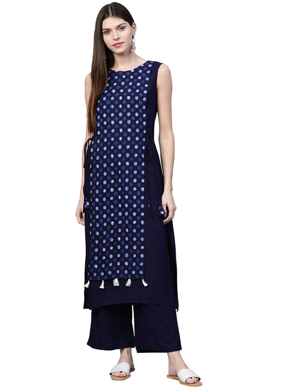 Women's Navy Blue Rayon Kurta - Ziyaa