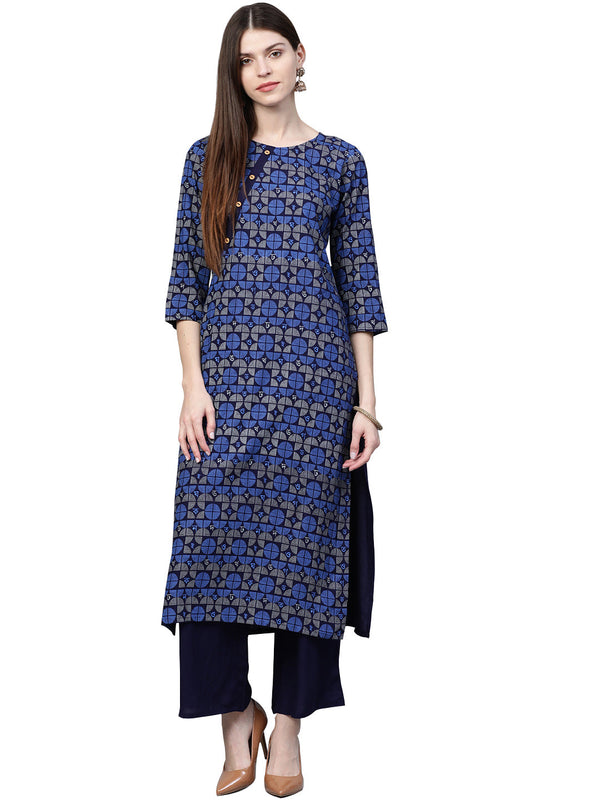 Women's Navy Blue Rayon Kurta - Ziyaa