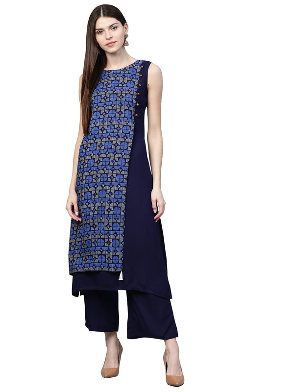 Women's Navy Blue Rayon Kurta - Ziyaa