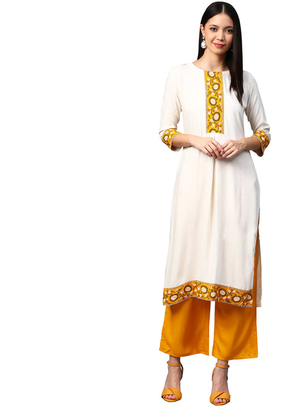 Women's Off White Cotton Kurta And Palazzo Set - Ziyaa