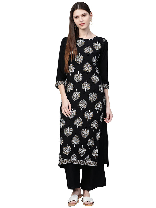 Women's Black Cotton Kurta And Palazzo Set - Ziyaa