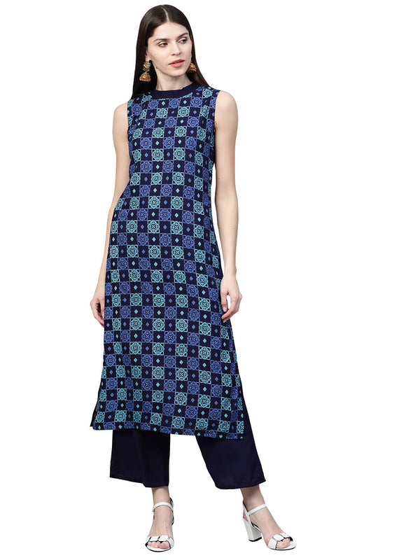 Women's Navy Blue Rayon Kurta - Ziyaa