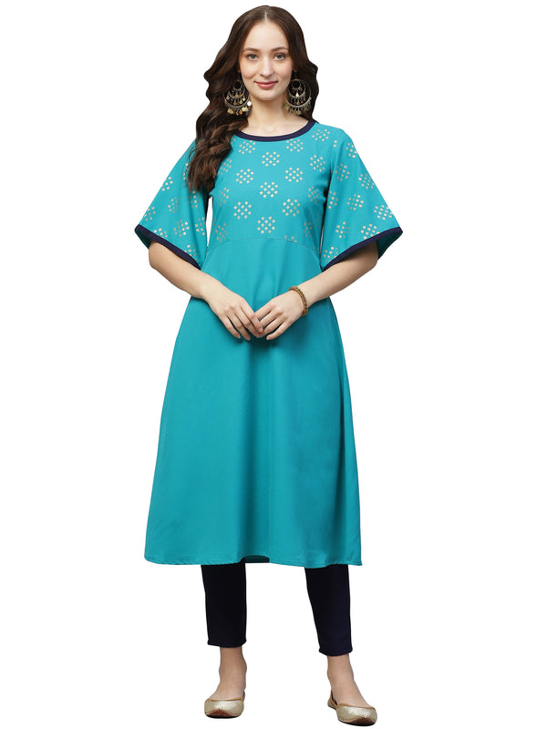 Women's Teal Rayon Kurta And Pant Set - Ziyaa