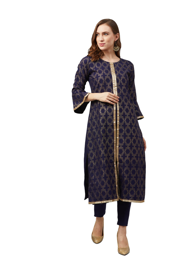 Women's Navy Blue Rayon Kurta And Pant Set - Ziyaa