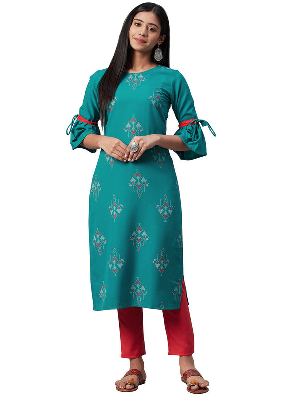 Women's Teal Rayon Kurta And Pant Set - Ziyaa