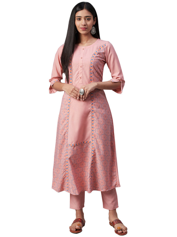 Women's Pink Rayon Kurta And Pant Set - Ziyaa