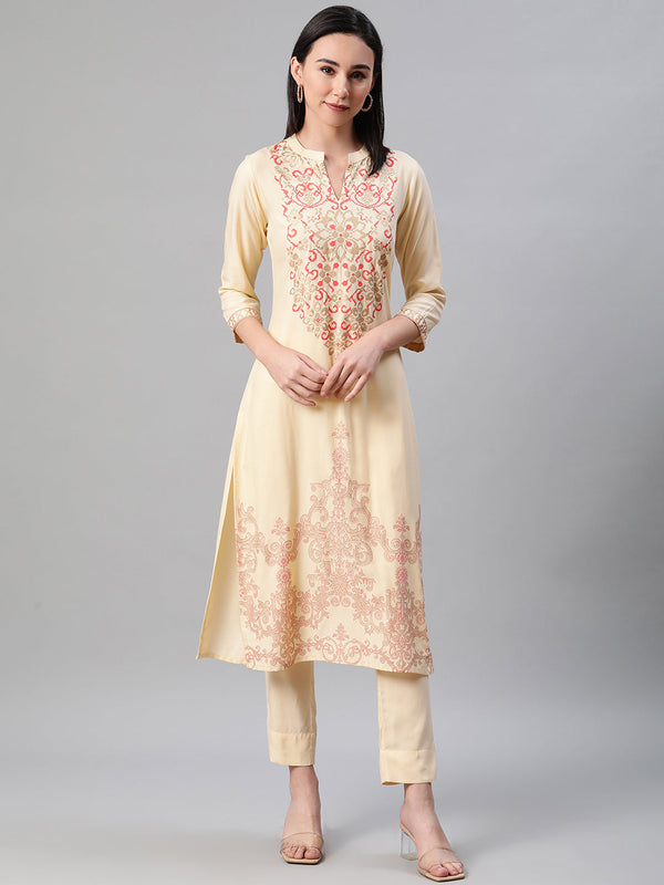 Women's Cream Rayon Kurta - Ziyaa