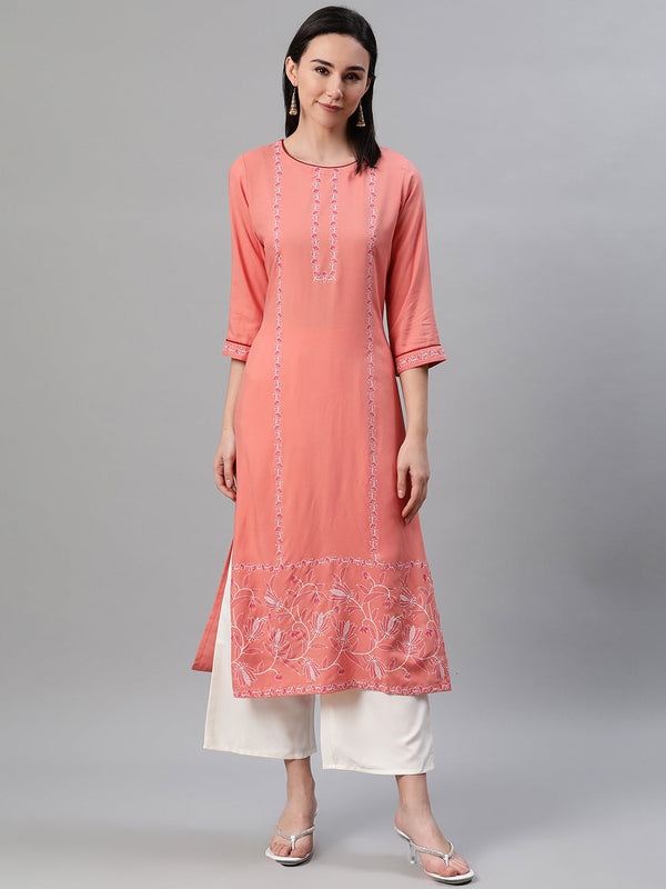 Women's Peach Rayon Kurta - Ziyaa