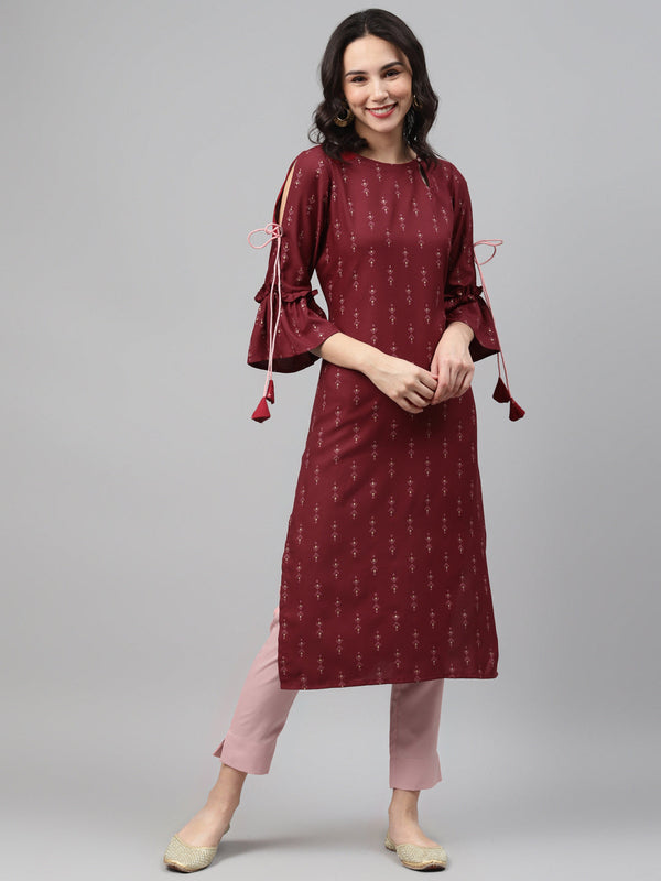 Women's Maroon Color Screen Print Straight Kurta And Pant Set - Ziyaa