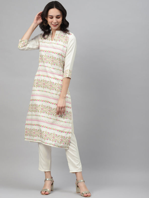 Women Off White Printed Kurta and Pant Set by Ziyaa (2 Pc Set)