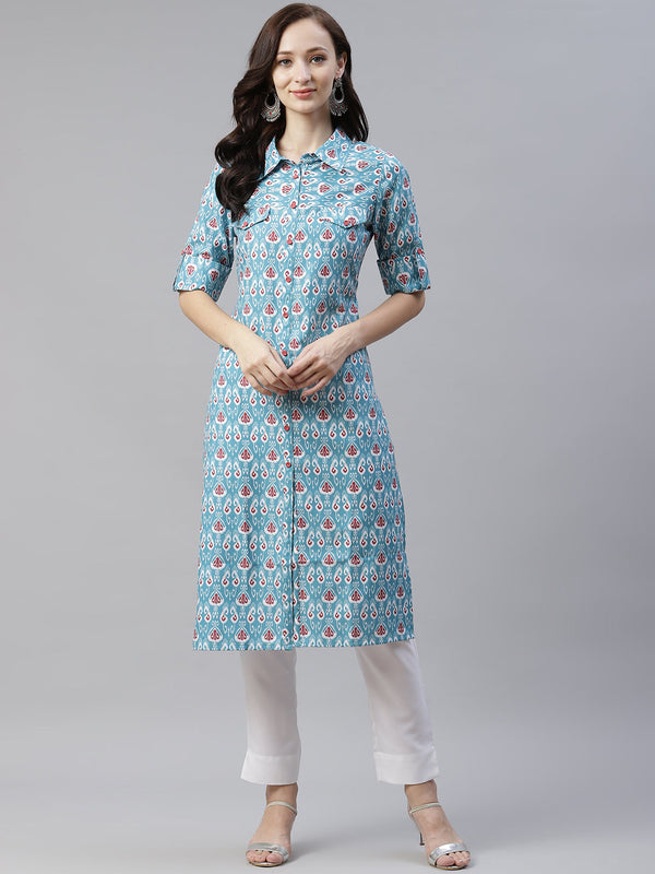 Women Sky Blue Rayon Printed Kurta by Ziyaa (1 Pc Set)