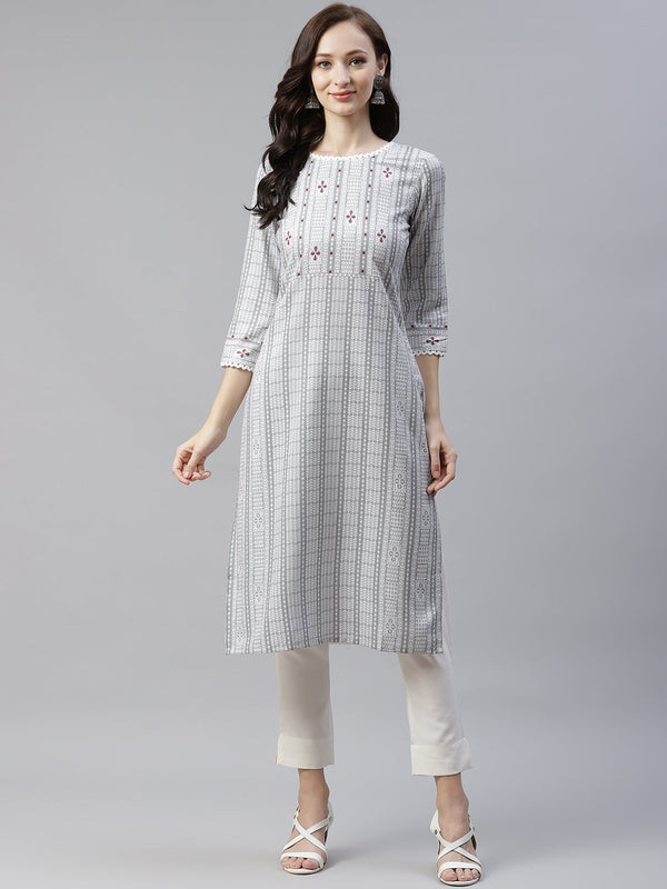 Women Cream Printed Rayon Kurta by Ziyaa (1pc)