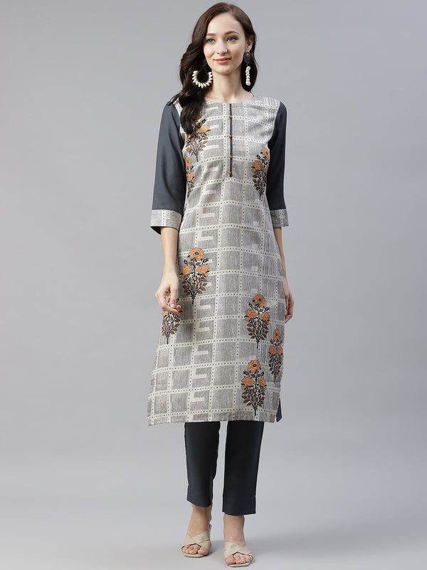 Women Grey Rayon Printed Kurta by Ziyaa (1pc)