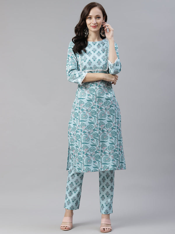 Women Sky Blue Rayon Printed Kurta by Ziyaa (1pc)