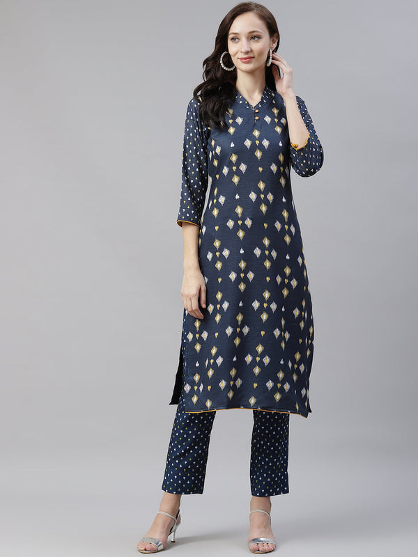 Women Navy Blue Printed Rayon Kurta by Ziyaa (1pc)