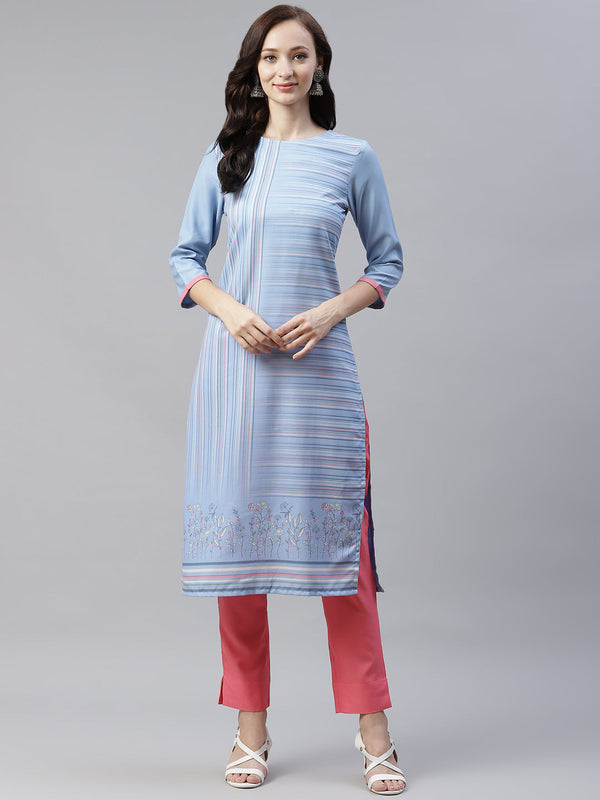 Women Sky Blue Printed Kurta and Pant Set by Ziyaa (2 Pc Set)