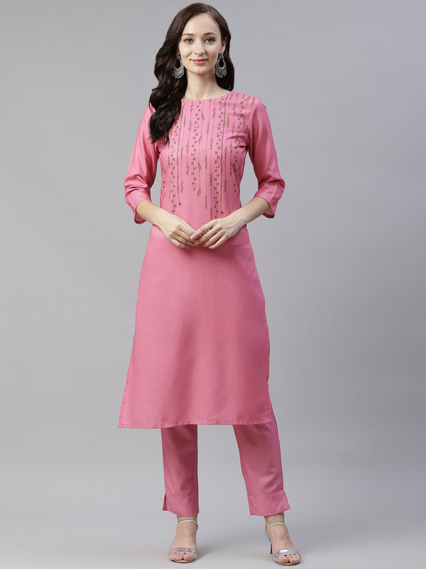 Women's Pink Color Digital Printed Straight Kurta And Pant Set - Ziyaa