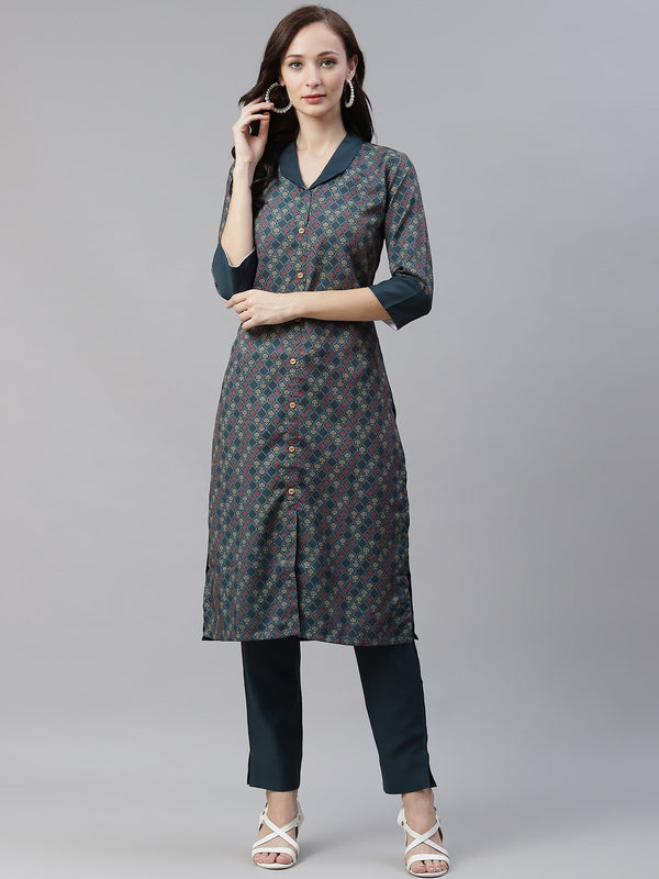 Women Teal Printed Rayon Kurta by Ziyaa (1pc)