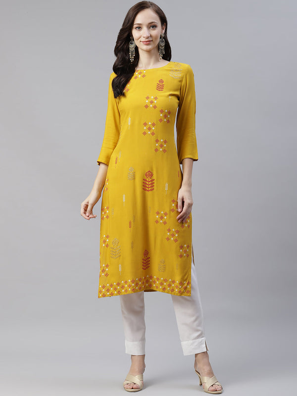 Women Yellow Rayon Straight Kurta With Pant by Ziyaa (2pcs Set)