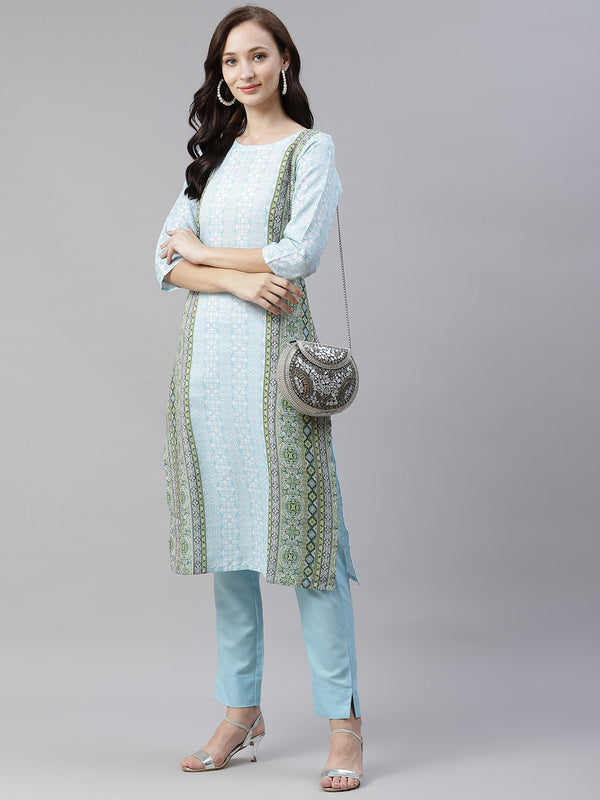 Women Sky Blue Printed Straight Kurta and Pant Set by Ziyaa (2 Pc Set)