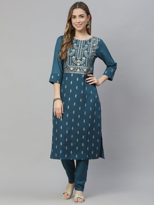 Women Teal Blue Rayon Kurta and Pant Set by Ziyaa (2 Pc Set)