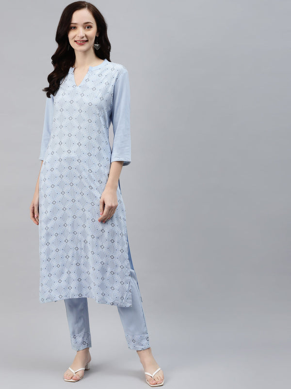 Women Sky Blue Rayon Kurta and Pant Set by Ziyaa (2 Pc Set)