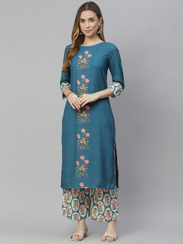 Women's Teal Rayon Kurta And Palazzo Set - Ziyaa