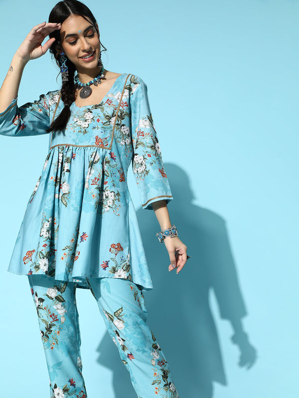 Women's Sky Blue Rayon Digital Print Flared Kurta And Pant Set by Ziyaa (2pc Set)