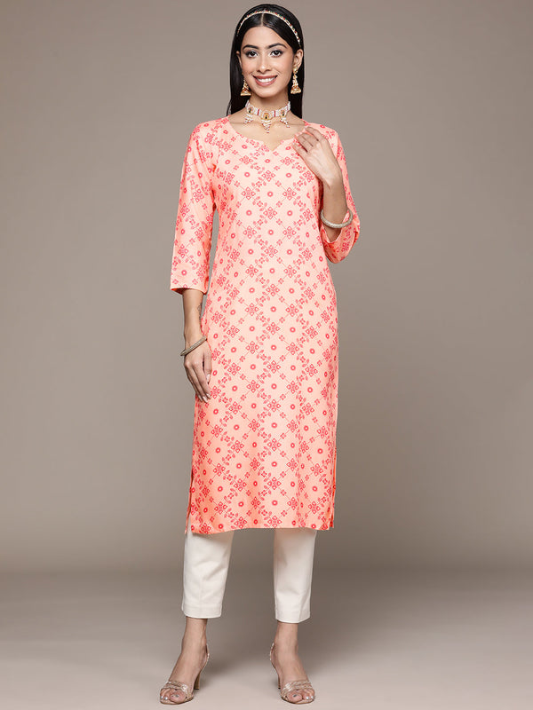 Women's Beige Rayon Straight Kurta - Ziyaa