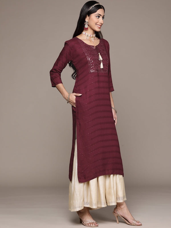 Women's Maroon Rayon Straight Kurta - Ziyaa