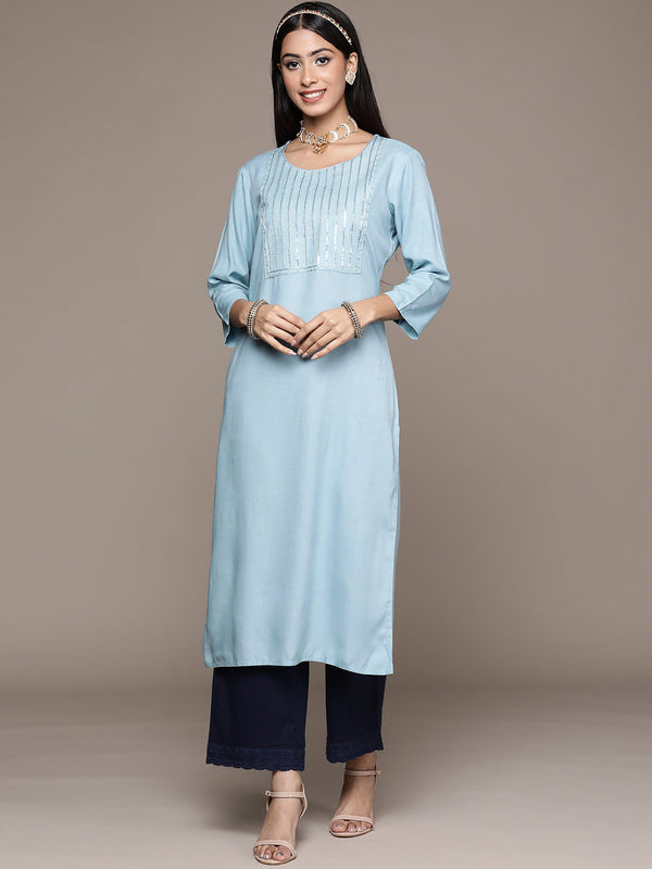 Women's Blue Rayon Straight Kurta - Ziyaa