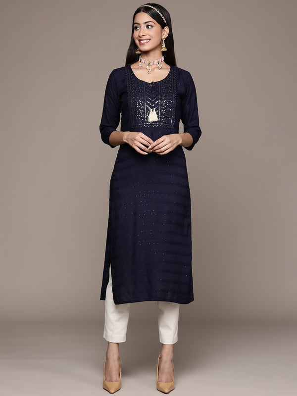 Women's Navy Blue Rayon Straight Kurta - Ziyaa