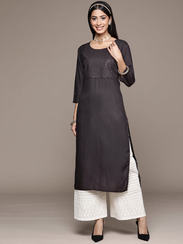 Women's Black Rayon Straight Kurta - Ziyaa