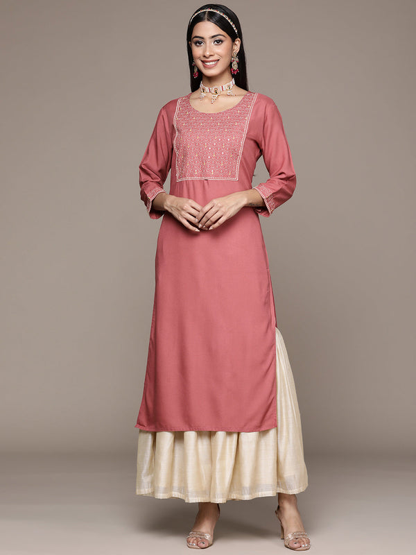 Women's Rust Rayon Straight Kurta - Ziyaa