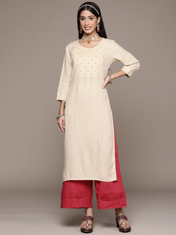 Women's Off White Rayon Straight Kurta - Ziyaa