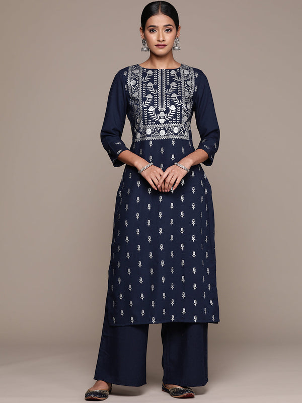 Women's Navy Blue Rayon Straight Kurta And Palazzo Set - Ziyaa