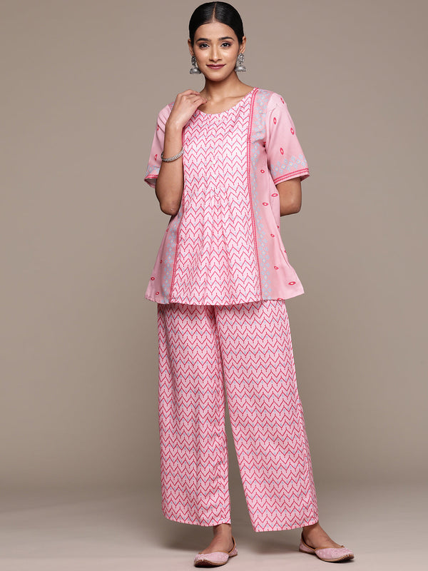 Women's Pink Rayon Flared Kurta And Palazzo Set - Ziyaa