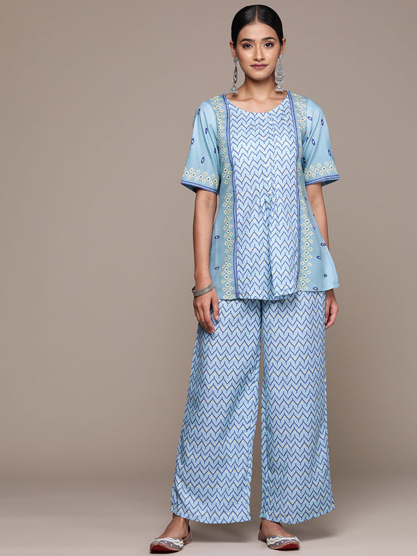 Women's Sky Blue Rayon Flared Kurta And Palazzo Set - Ziyaa