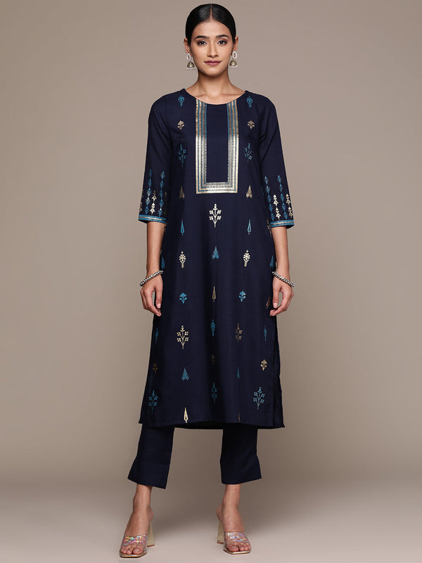 Women's Navy Blue Rayon Straight Kurta And Pant Set - Ziyaa